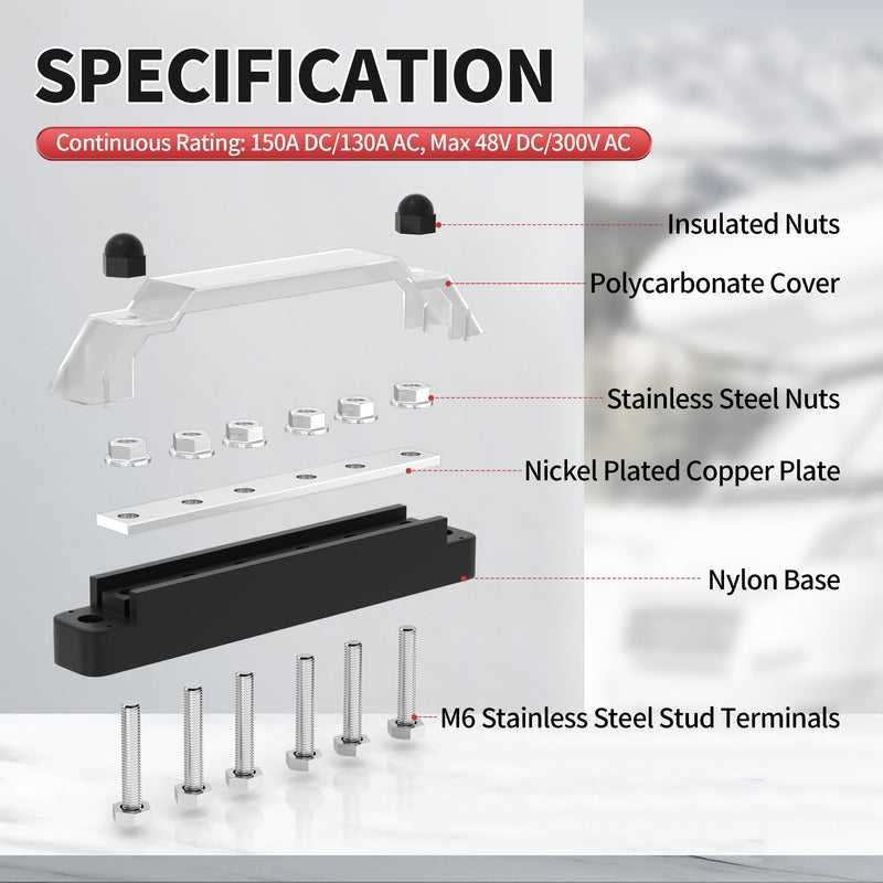 DaierTek Power Distribution Block 12V Bus Bar Terminal Block 150A 6 x 1/4" Terminal Studs 12 Volt for Automotive Marine Boat Solar System (Pair - Negative & Positive) 6xM6