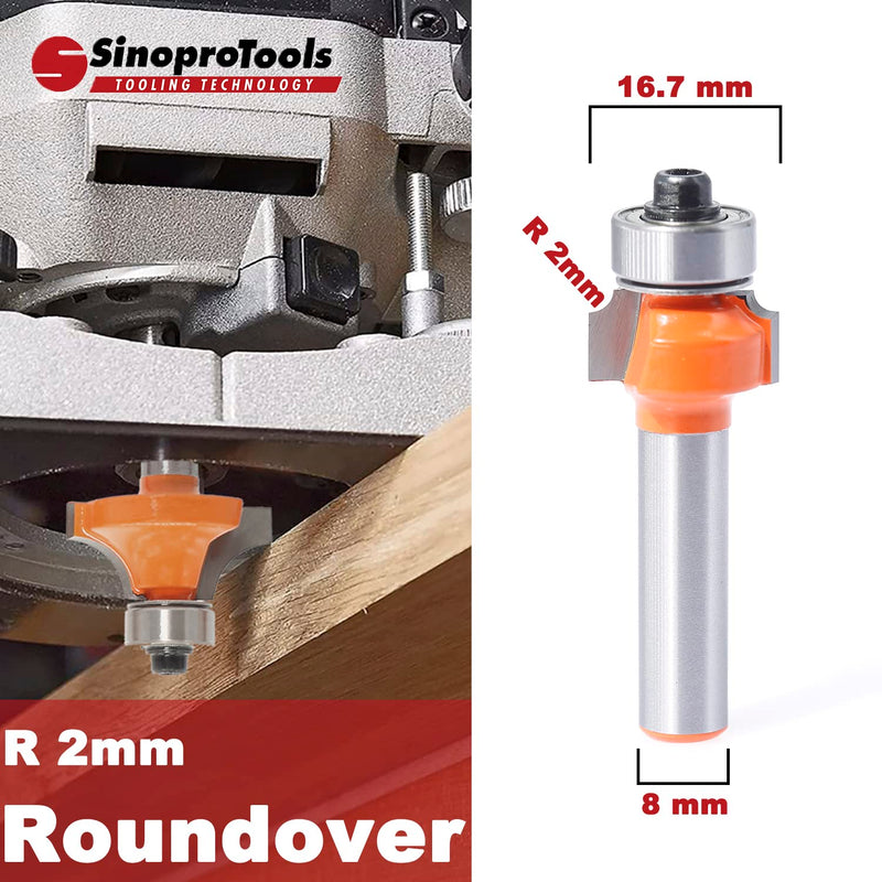 Sinoprotools rounding cutter 8mm shank, rounding cutter standard radius cutter radius 2mm, rounding cutter router with ball bearing, rounding cutter for edge milling/milling table (Ø shaft 8mm, R2) R 2mm shaft 8mm
