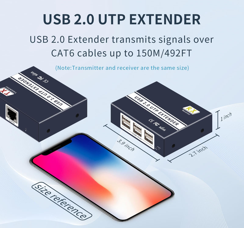 USB Extender Over ethernet cat5e cat6/7 up to 492FT/150m，6 Port UBS2.0,Plug and Play,USB ethernet Extender Over rj45. No Driver,Supports All Operating System, Keyboard and Mouse Over Ethernet.