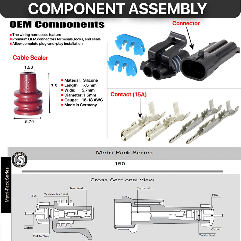 2-Pack (2-Way) Connector Metri-Pack 150 Series Sealed (2-PIN) 16 V & 14 amps, w/16 18 AWG 2-Pin (16-18 GA)