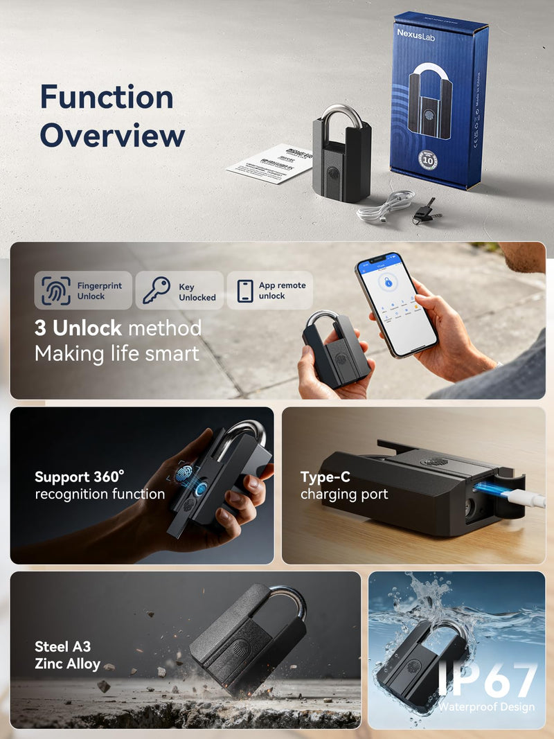 NexusLab Heavy Duty Smart Padlock with Key-Fingerprint & App, Rechargeable, 1-Year Standby(500mAh), IP67 Waterproof, 50 Fingerprints,Ideal for Fence, Locker, Shed, Pool, Gate & Warehouse Security