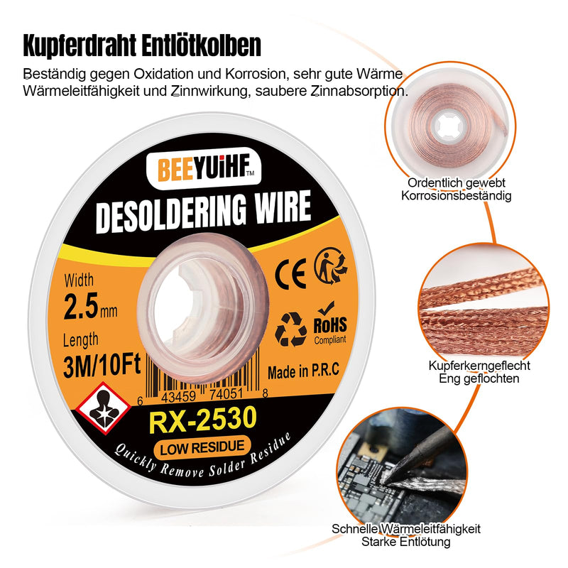 Desoldering Wire, 3 m / 10 ft Desoldering Wire, 2.5 mm No-Clean Soldering Braid, Wicks Strands for Desoldering, Desoldering Wick for Removing Solder for Disassembling Electrical Components (Pack of 1) 1 piece