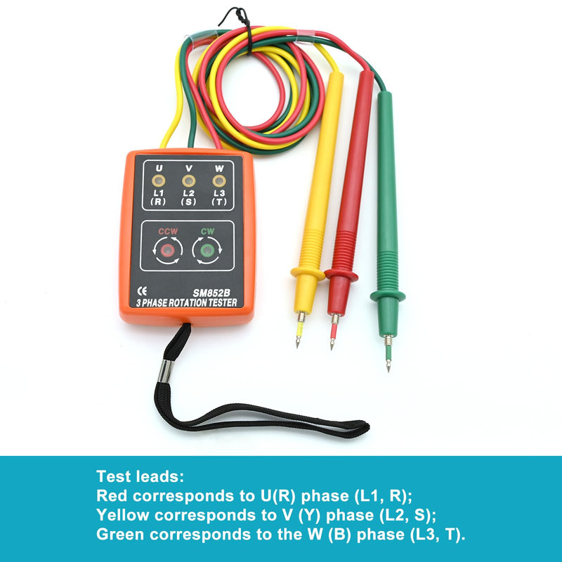 Phase tester, rotating field measuring device AC60V ~ 600V, rotation display tester detector meter, 3 phase sequence presence rotation tester with buzzer tester and crocodile clips, voltage tester for high-voltage devices