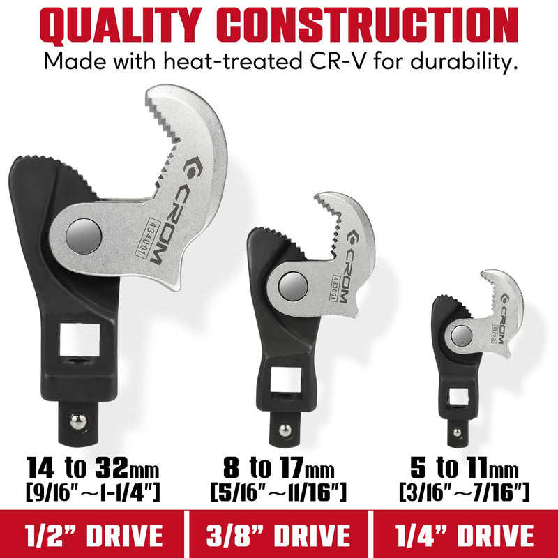 CROM Adjustable Crowfoot Wrench Set - Spring Loaded Wrench – Male & Female Square Drives Work With Ratchet, Breaker Bar, Extension Bar (3 Piece Set (1/4", 3/8", 1/2")) 3 Piece Set (1/4", 3/8", 1/2")