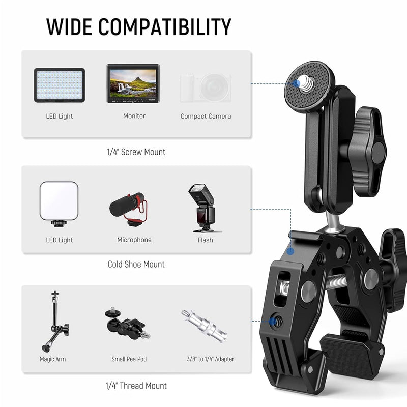 Super Clamp Camera Clamp Mount Monitor 360° Ballhead Magic Arm Double Ball Head Adapter with 1/4"-20 & 3/8"-16 Thread for Canon Nikon DSLR Camera
