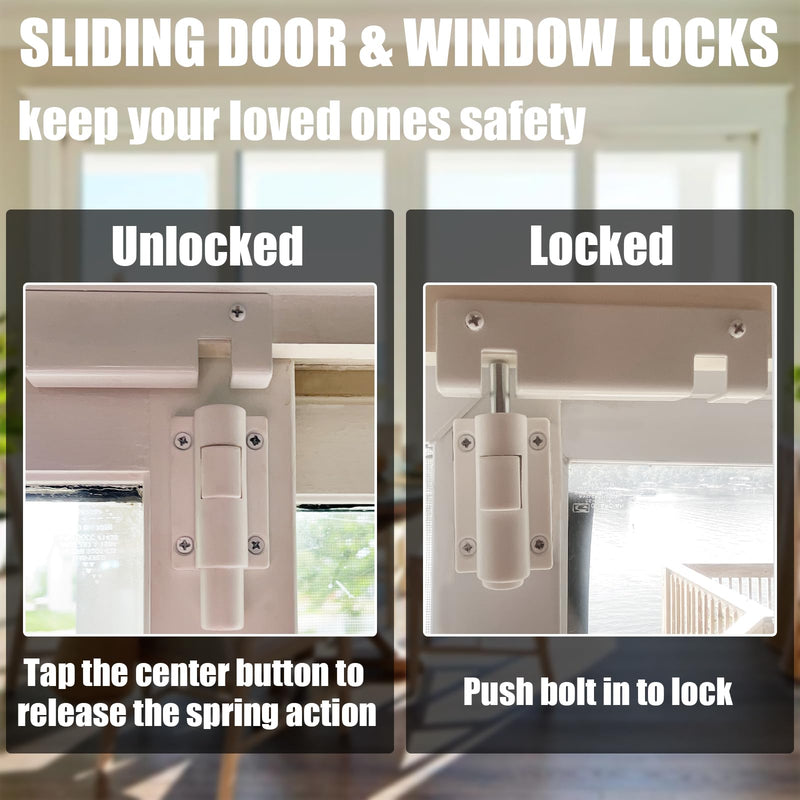 Patio Sliding Glass Door Security Lock/Bolt, Rail-Childproof Safety Window Locks for Any Slide Doors and Windows, Install on The Top Bottom Foot Kick Lock White 2PC 2