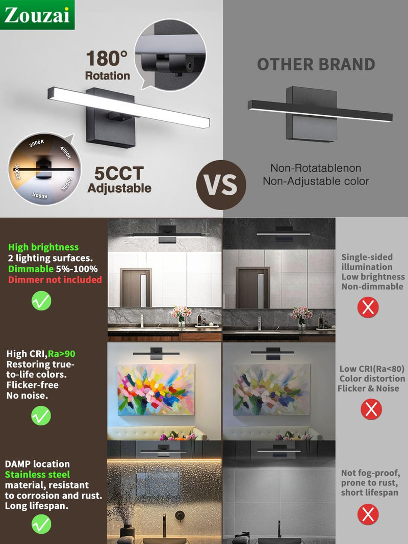 zouzai Second Generation Modern LED Bathroom Vanity Light Bar Black IP44 Over Mirror Bath Wall Fixture 5CCT Adjustable, Dual-Sided, 180° Adjustable Angle (16 inch) 16 inch