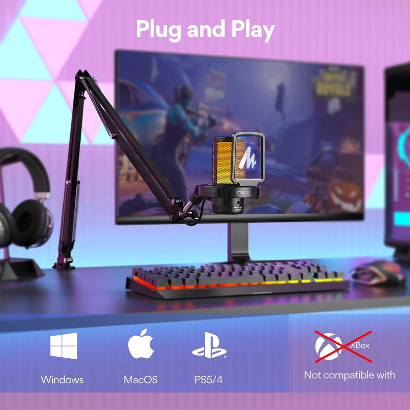 MAONO Gaming USB Microphone, Noise Cancellation Condenser Mic with Mute, Gain, Monitoring, Boom Arm Mic for Streaming, Podcast, Twitch, YouTube, Discord, PC, Computer, PS4, PS5, Mac, GamerWave DGM20S Black