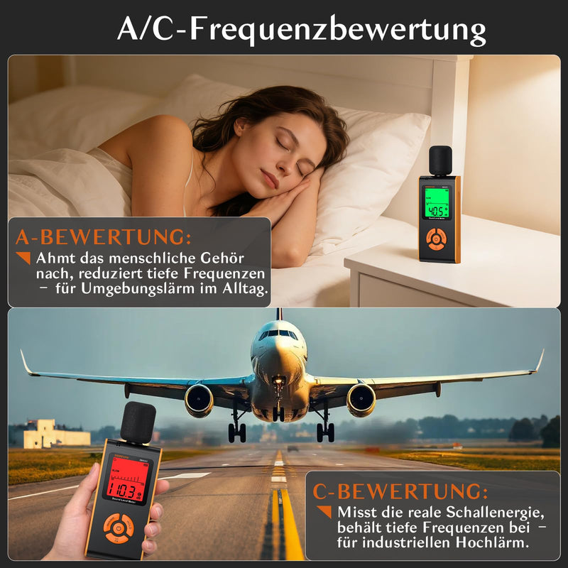 Sound Level Meter, Decibel Meter 30 dB to 130 dB, A/C Weighted Portable Noise Meter for Home Factories, with LCD Display, 3 Colors, MAX/MIN/HOLD, Fast/Slow Response Sound Pressure Meter