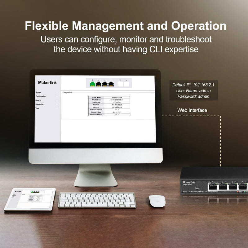 MokerLink 4 Port 2.5G Managed Switch with 2 Port 10G SFP+ Slot, 4 x 2.5Gigabit Base-T Ports Compatible with 10/100/1000Mbps, Mini Size Metal Web Managed Fanless Network Switch 4x2.5G(Managed)