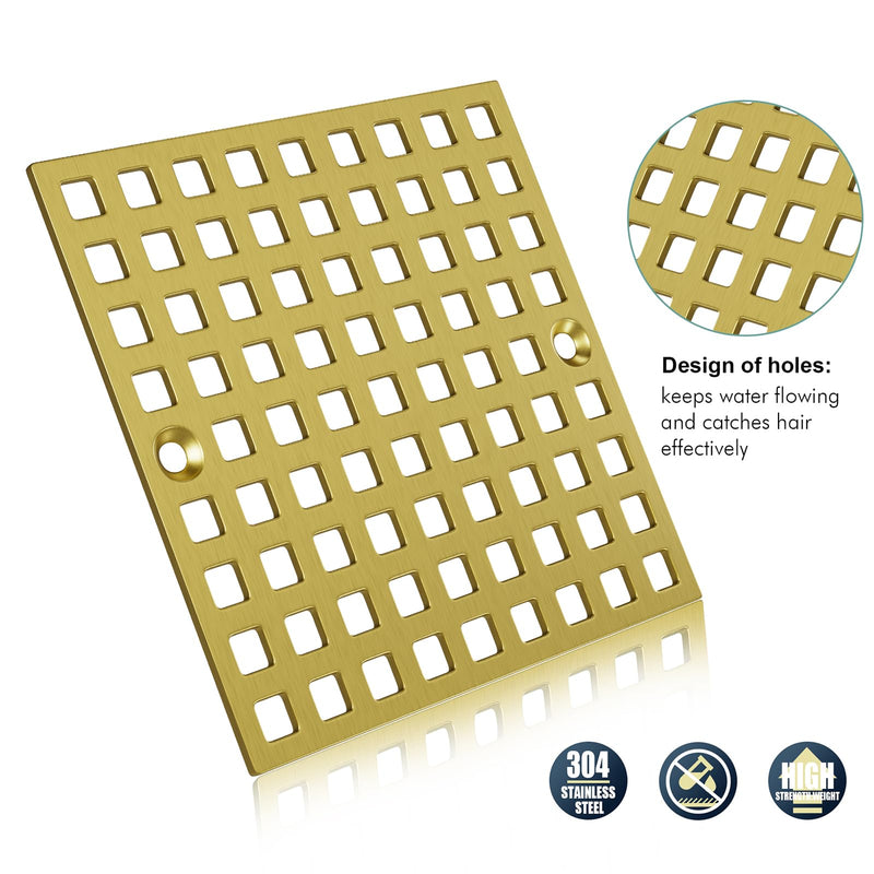 3-7/8" Brushed Gold Shower Drain Cover - Square Floor Drain Cover Replacement - Hair Catcher/Drain Strainer for Bathrooms, Showers, and Sinks - SUS304 Stainless Steel