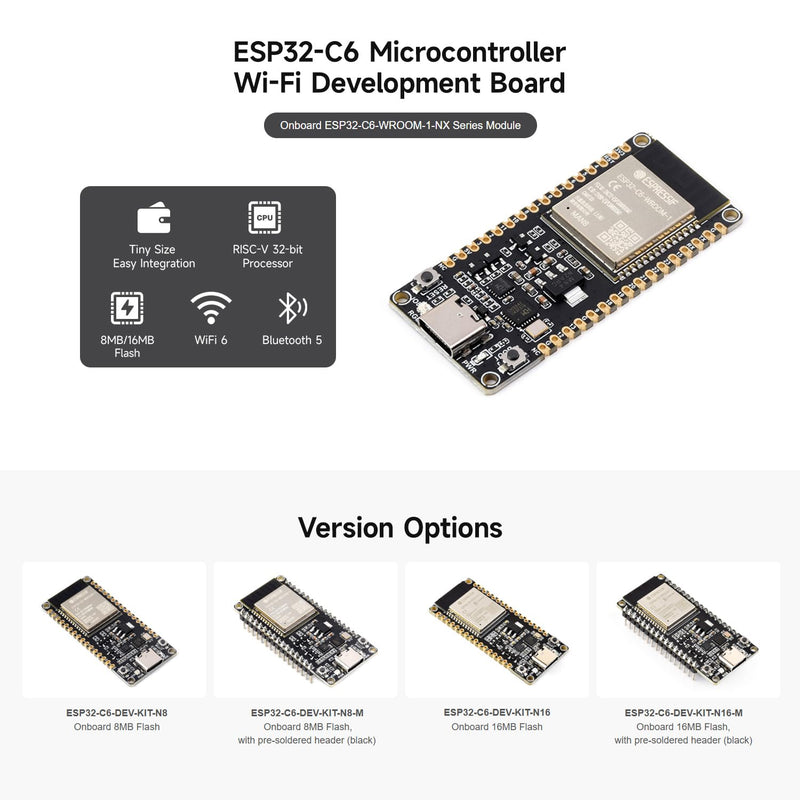 2PCS Waveshare ESP32-C6 Microcontroller, WiFi 6 Development Board, 160MHz Single-Core Processor, ESP32-C6-WROOM-1-N8 Module, Supports USB and UART Development