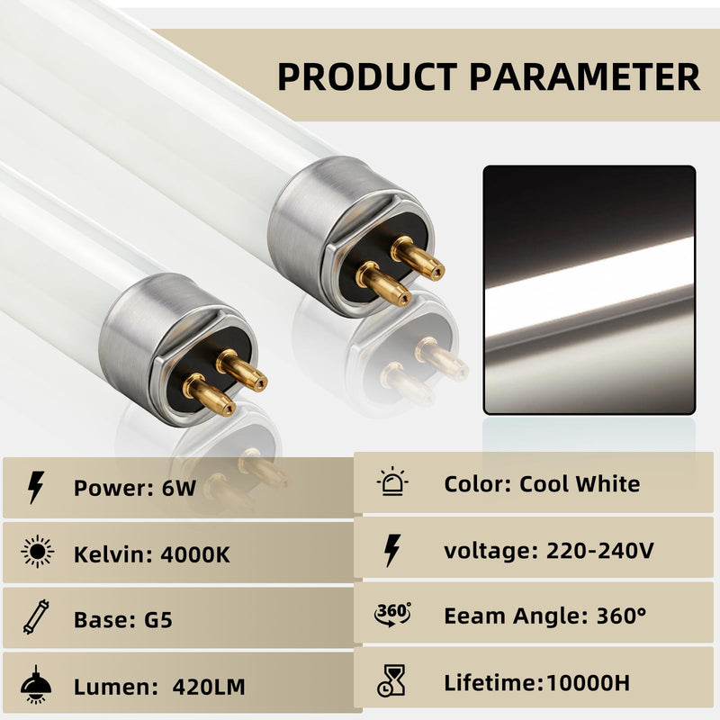 Pack of 2 6W Fluorescent Tube, Size: 225mm, T5 Cool White 4000K, G5 Base, Low Energy Saving Light for Emergency, Suitable for Kitchen, Bathroom, Closet, Garage Cold White
