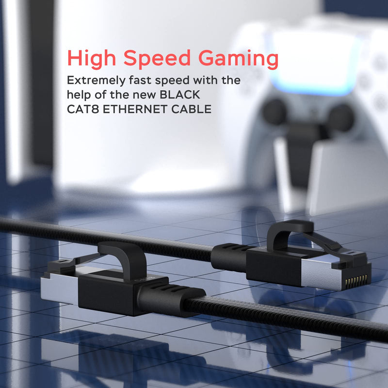 Smolink Ethernet Cable 50 ft, Cat 8 Ethernet Cable with 40Gbps 2000Mhz High Speed Ethernet Cable, Shielded Heavy Duty SFTP RJ45 LAN Cable Patch Cord for Modem Router Gaming PC PS4/5/6 Xbox, Black Braid Flat Cat8 50ft