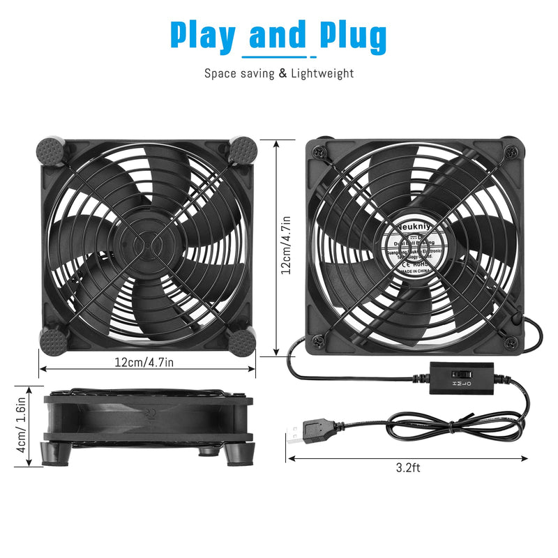 Quiet 120mm USB Computer Fan Dual Ball Bearing with Speed Controller 5v Powered Fan for Router Modem Xbox DVR PlayStation Receiver Cooling Both side with metal grill