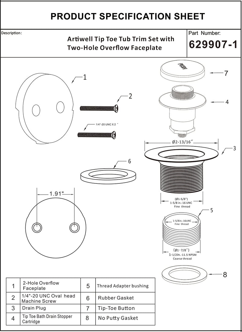 Tip-Toe Tub Trim Set with Two-Hole Overflow Faceplate and No Plumber’s Gasket, Replacement Bath Drain Trim Kit with Universal Fine/Coarse Thread, No Putty Installation by Artiwell (Champagne Bronze) Champagne Bronze
