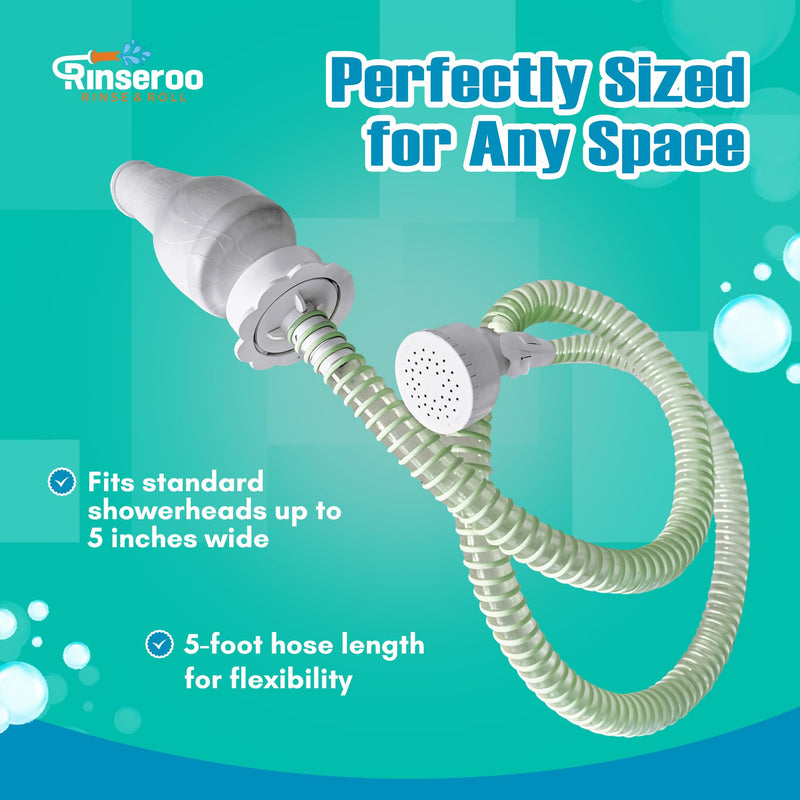 Rinseroo: Slip-On Handheld Shower Attachment Hose w/Spray Head-for Seated Bathing. Converts Fixed Shower Head into Handheld Bather. Portable, No-Install Shower Hose Wand for Seniors, RV. Gravity fed. 5 Feet