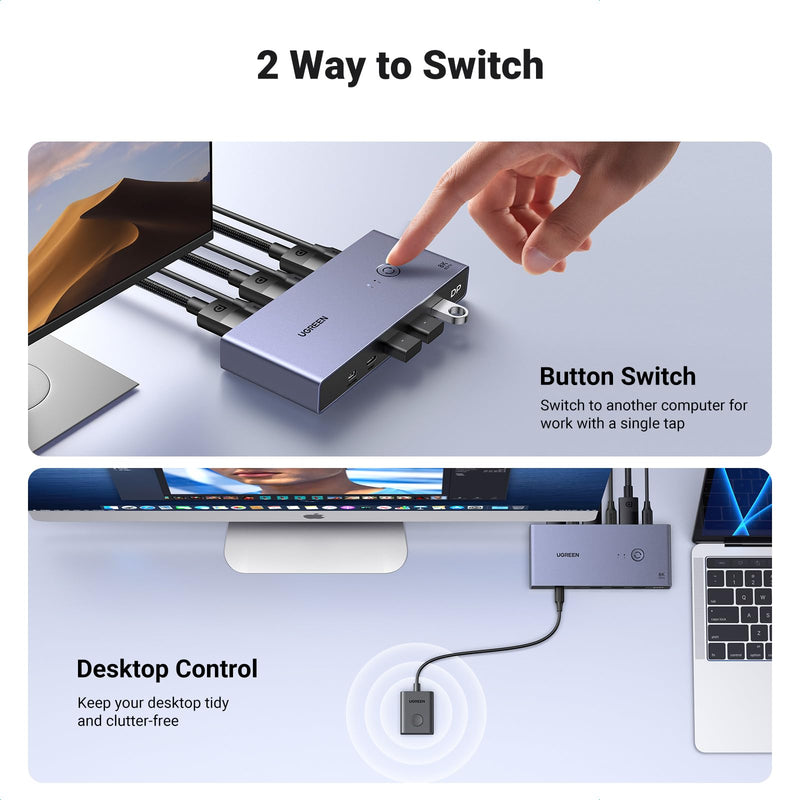 UGREEN 8K Displayport KVM Switch 2 in 1 Out DP1.4 with 4 USB 3.0 Ports(3 USB-A + 1 USB-C) Support 8K@60Hz 4K@240Hz Share 1 Monitor Keyboard Mouse U-Disk Printer, with 2 DP Cables, 2 USB A to C Cables