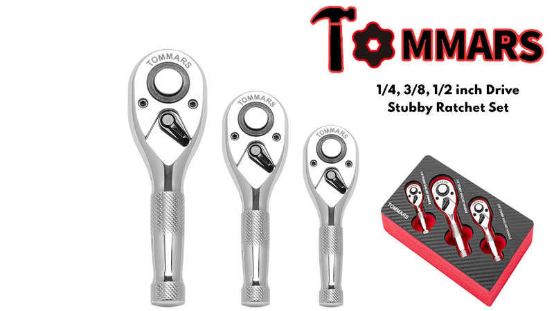 TOMMARS Stubby Ratchet Set 1/4" 3/8" 1/2" Drive Socket Wrench 1/4", 3/8", 1/2" Drive