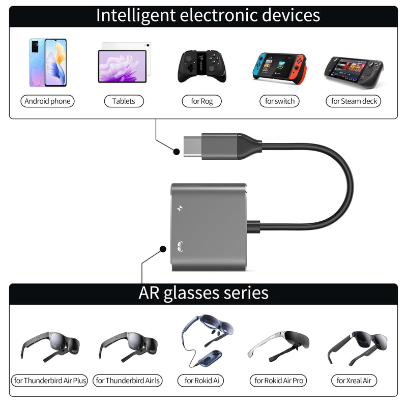 USB C to AR Glasses and Charging Adapter, Charge and Play, Suitable for Switch, Steam Deck, iPhone 15 & Viture/Rokid/Xreal AR Glasses