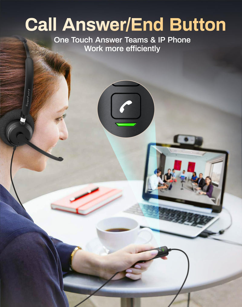 R06S Mono Wired USB Headsets for PC with Noise-Cancelling Microphone, Call Answer Button for MS Teams & IP Phones, Lightweight Design & Memory Foam Cushions for All-Day Comfort (Black) Black