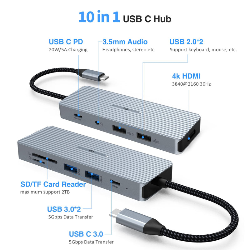 TOTU Docking Station, USB C Hub Adapter with 4K HDMI, USB C Hub, 2* USB3.0 Type-A, USB C Data Transfer Port, 2* USB 2.0 Type-A, SD/TF, USB C PD, 3.5mm Stereo Jack for Windows