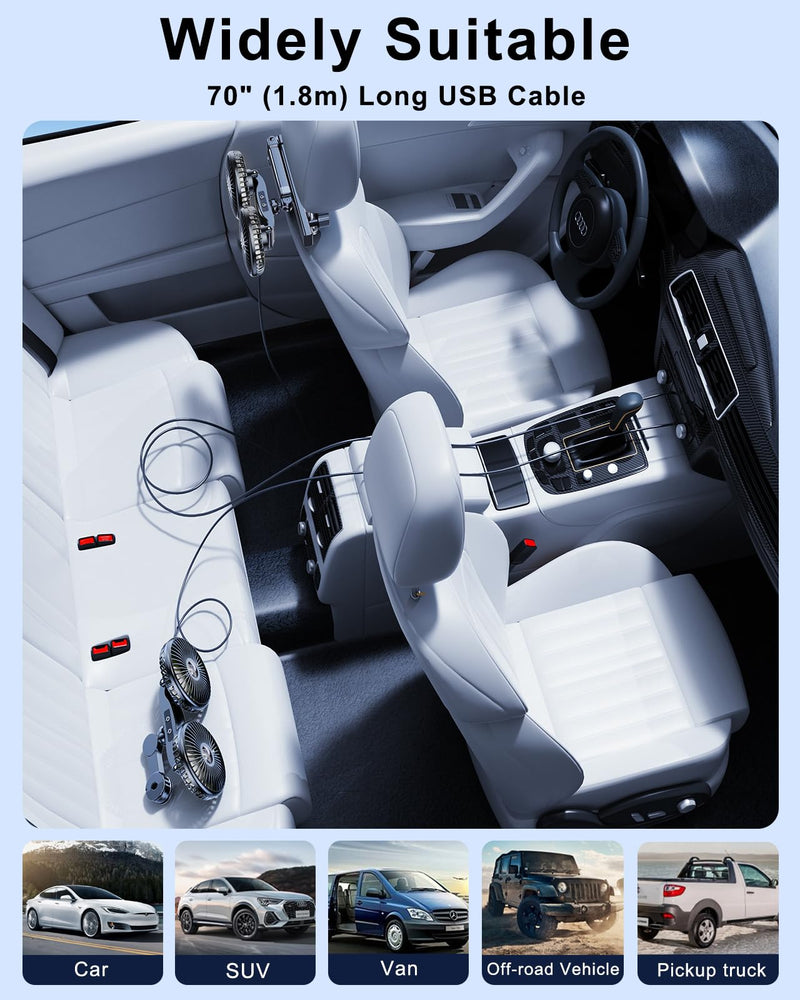 Car Fan for Back Seat, [Comes with Car Charger*1] 360°Rotatable USB Car Seat Fan for Baby Rear Facing, 3 Speeds Separate Control Car Fan for Backseat Kids, Car Cooling Fan for Vehicles SUV RV