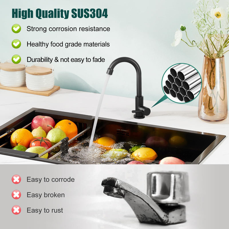Heyalan Cold Water Only Kitchen Faucet, SUS304 Stainless Steel Bar Sink Faucet, Single Handle High Arc Gooseneck, 1 Hole Deck Mount, Matte Black, 8.3 Inch for Bar, RV, Laundry, Outdoor