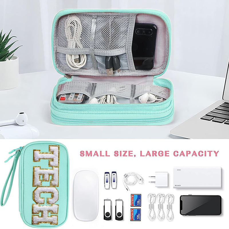 Electronics Organizer Bag Travel with Chenille Letter Patch TECH Traveling Must Have Accessories Cute Personalized Gift for Women Cable Cord Charger Storage Pouch (Greenish Blue) Greenish Blue