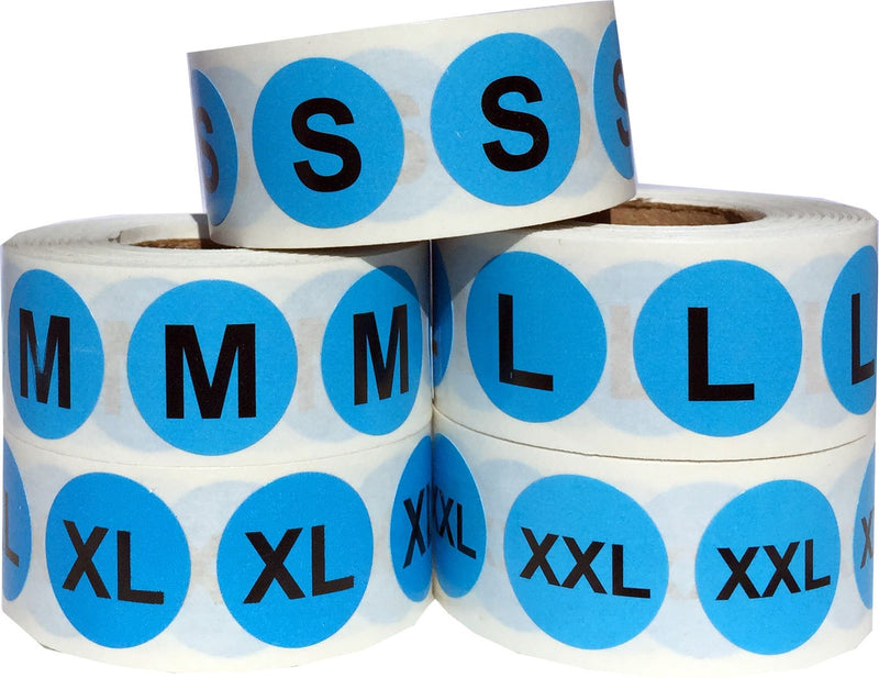 Blue Round Bulk Pack S Through XXL Clothing Size Stickers for Boy's/Men's T -Shirts and Folded Retail Apparel - 2,500 Total Size Labels W/Apparel Safe Adhesive