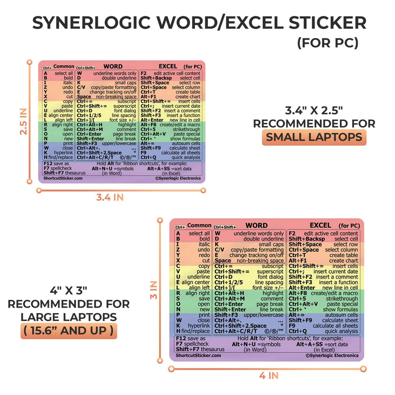 Synerlogic Word/Excel Windows Shortcut Sticker | Reference Guide Keyboard Shortcut Sticker | Work from Home Essentials | Excel Shortcuts Cheat Sheet Laminated No-Residue Vinyl (Rainbow/Small, 1pc) 1 Rainbow