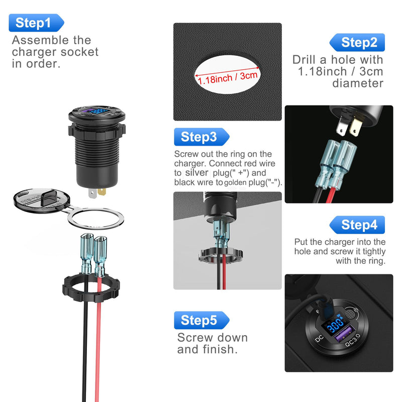 12V USB Outlet Aluminum Car Charger PD65W Car USB Port for Laptops, Quick Charge 3.0 USB Port for Car, Built-in Boost 15V 20V Output Socket Waterproof with Voltmeter and Switch for RV Marine Boat, etc