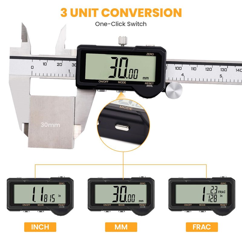 HARDELL Digital Caliper 6 Inch, Rechargeable Calipers with One-Key Reset Setting, Inch/mm/Fraction Conversion, Large LCD Screen Auto-Off, Measuring Tool for DIY, 3D Printing, Jewelry Woodworking Hobby Sliver