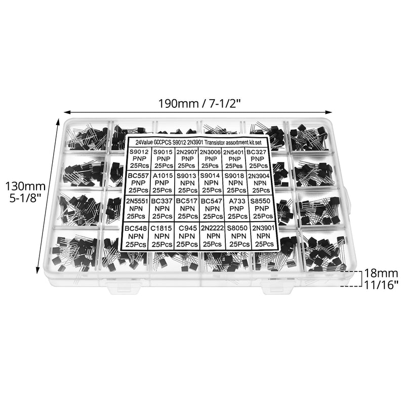 QWORK 600pcs (24 values) Transistor Assortment PNP NPN Transistors - A1015 A733 C1815 C945 BC327 BC337 BC557 2N2222 2N2907 2N3904 2N3906 2N5400 1 2N511551 S9012 S9013 S9014 S9015 S9018 S8050 S8550