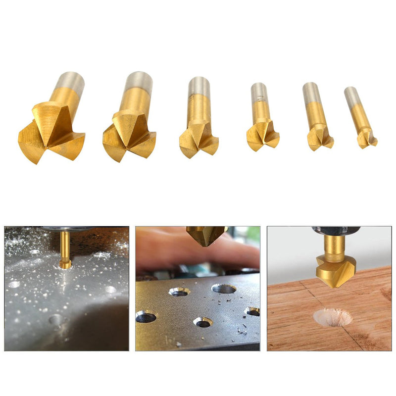 Estmoon 6-piece 90° countersink set, HSS countersink set, titanium coatings, diameter 6.3-20.5 mm, countersink drill with 1 pack of brass automatic center drill punch