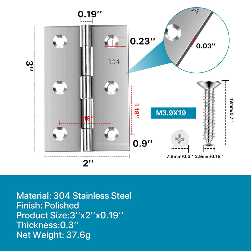 Stainless Steel Folding Door Hings 3 Inch for Furniture Cabinets Window Wooden Box Trailer Components, Pack of 12 Silver 12pcs 3x2 Inch