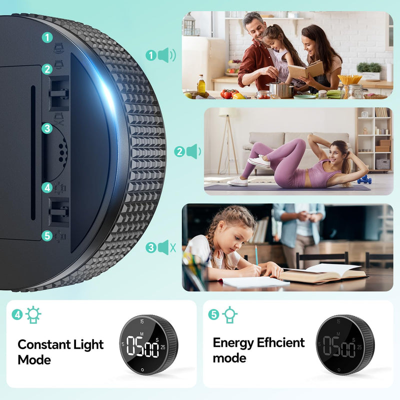Digital Kitchen Timer, Large Display Magnetic Countdown Countup Timer, 3 Preset Times (5, 15, 25),Volume & Brightness Adjustable for Cooking Classroom Studying, Easy for Kids (Black,2Pcs) Glossy Black 2