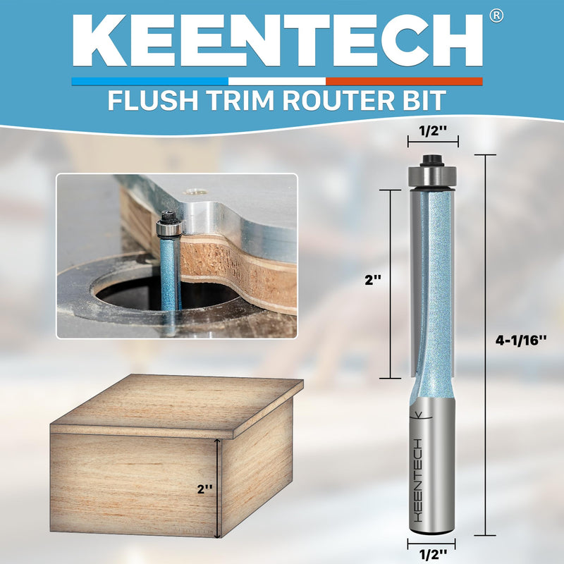 KEENTECH Flush Trim Router Bit, 1/2" Shank, Ideal for Template Work & Clean Flush Trimming, Industrial Carbide Tipped Extra-Long Bearing Pattern Bit, 1/2" Diameter, 2" Cutting Depth 1/2" Dia. - 2" Cutting Length