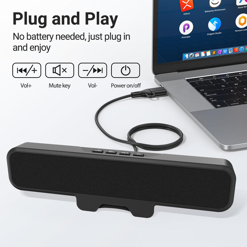 INGA Computer Speakers, USB Plug and Play Desktop Speakers, Easily Clamps to Monitor, PC Speaker with Loud Stereo Sound & Bass,Wired Computer Speakers for Study/Meeting, Compatible with MAC, Laptop
