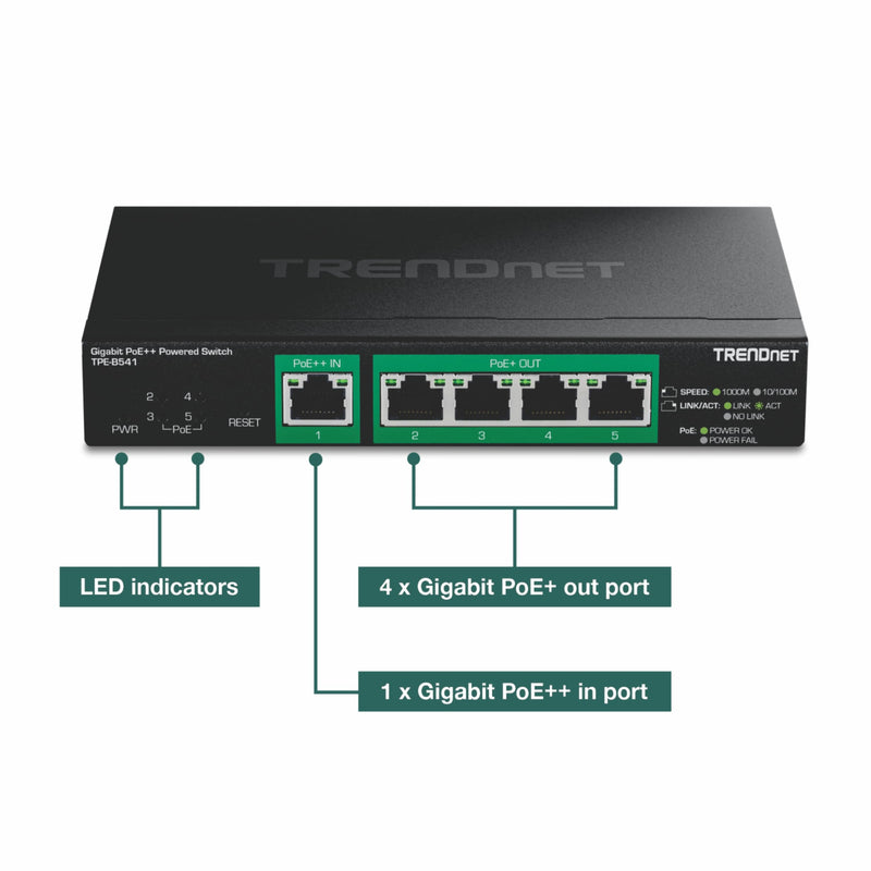 TRENDnet 5-Port Gigabit PoE++ Powered Managed Switch with PoE Passthrough, TPE-B541, 1 x Gigabit PoE++ Input, 4 x Gigabit PoE+ Output, 60W PoE Budget, NDAA TAA Compliant, Lifetime Protection PoE++ 90W