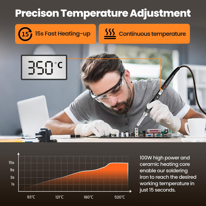 RUIZHI Soldering Iron Set 100 W LCD Adjustable Temperature 180-520 °C, 16-in-1 Soldering Iron Soldering Set with 50 g Solder, 5 Soldering Tips, Desoldering Pump, Soldering Stand, Pliers, Soldering Set for Electrical Work