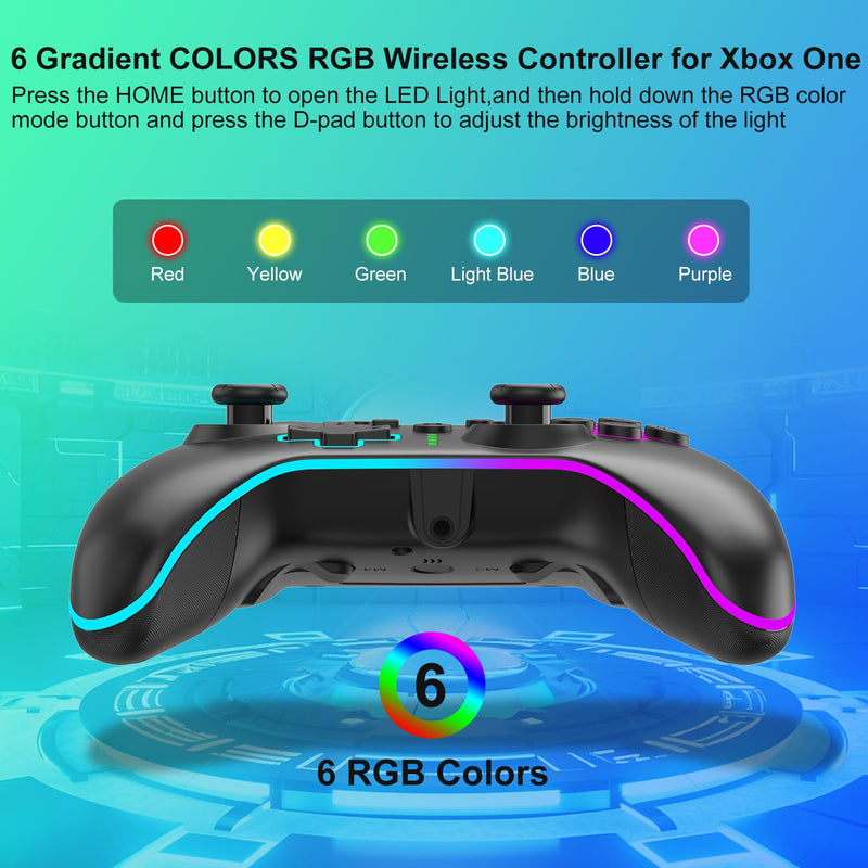 ADHJIE Xbox One Controller, 2.4GHz Wireless RGB LED Light Xbox Controller with 3.5mm Audio Headset Jack, Xbox One Controller with 900mAh Built-in Battery for Xbox One S/X Xbox One Series X/S, Black