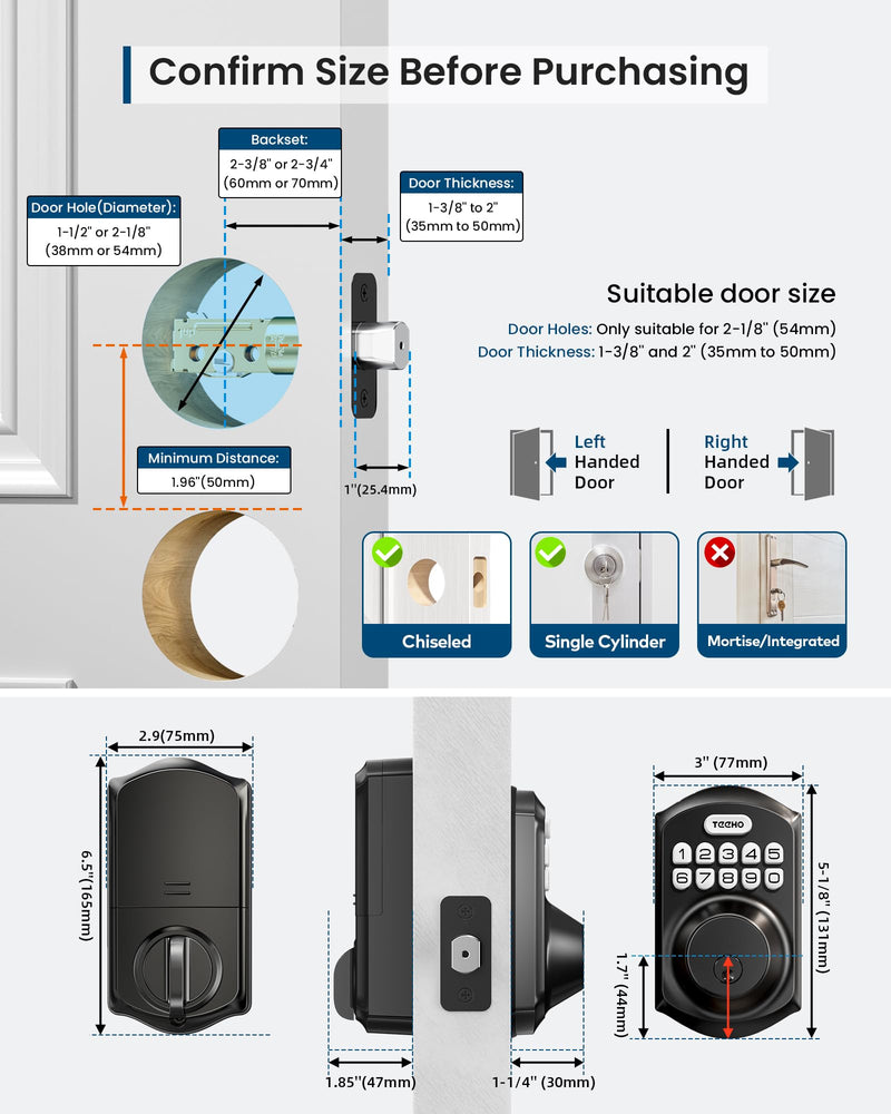 TEEHO TE011W Wi-Fi Keyless Entry Door Lock with Keypad - Smart Deadbolt Lock for Front Door with 2 Keys - Remote Control, Compatible with Alexa & Google, APP Unlock - Easy Installation - Matte Black