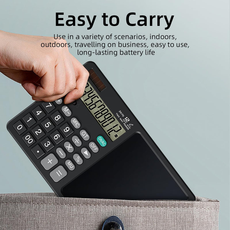 Scientific Calculator with Pull - Out Stylus, 12 - Digit Wide Screen & 100,000+ Reusable Writing Pad, One - Click Clear/Lock, Solar & Battery Dual Power, Portable for School Office Business (Black) Black