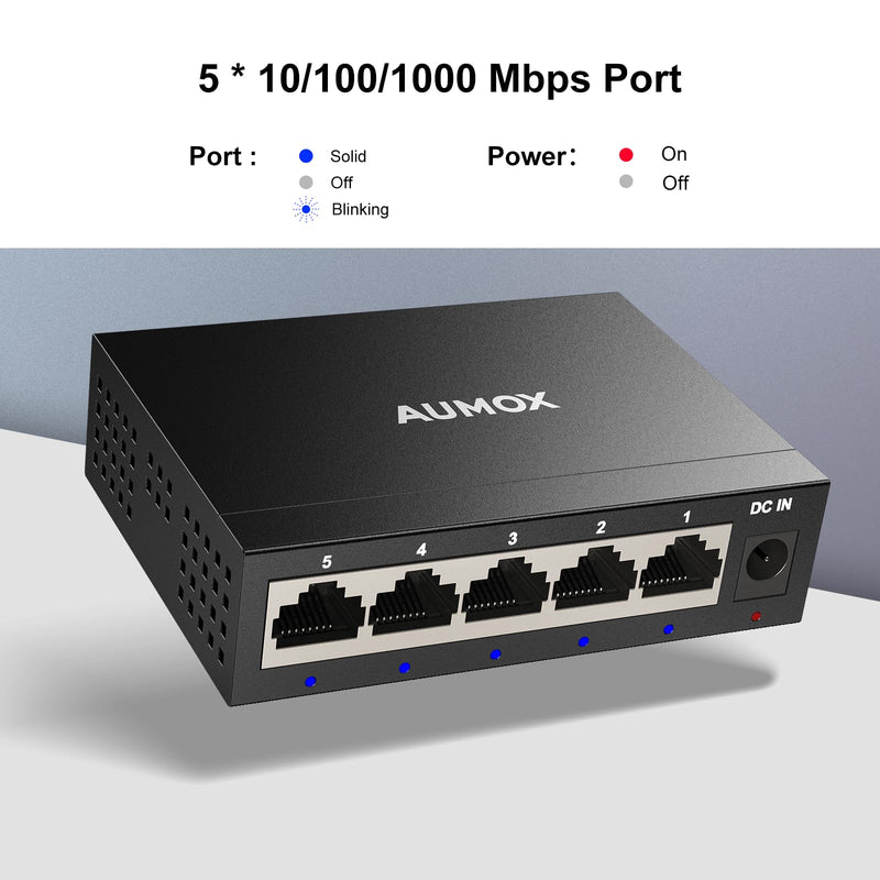 5 Port Gigabit Unmanaged Ethernet Switch, AUMOX PRO Home Network Hub, Office Ethernet Splitter, Plug-and-Play, Silent Operation, Desktop or Wall Mount, Fanless Metal Design 5 Port| 5*1G Port