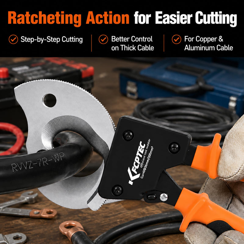 KF CPTEC Ratchet Cable Cutter 300 mm² / 600 MCM, Heavy Duty Ratcheting Wire Cutter for Copper, Aluminum & Multi-Core Electrical Cable with Ergonomic Handle 325AN