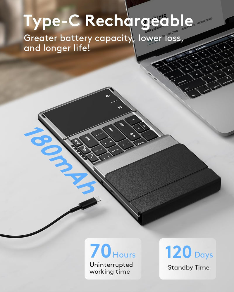Samsers Foldable Bluetooth Keyboard with Touchpad, Full-Size Wireless Folding Keyboard with PU Leather, Portable Travel Keyboard for iOS Android Windows Mac OS, Support 3 Devices (BT5.1 x 3) Space Gray