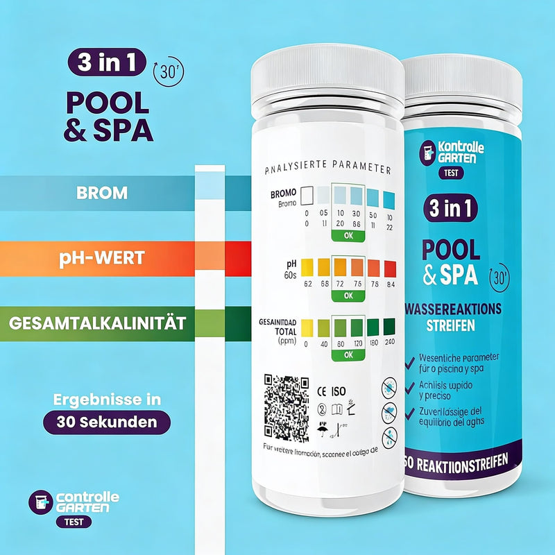 GARDEN Control 160 pH Test Strips, 3-in-1 Test, Pool and Spa Test, pH Meter, Prank and Alkalinity Test for Bath, Quick Analysis in 30 Seconds, Precise Control