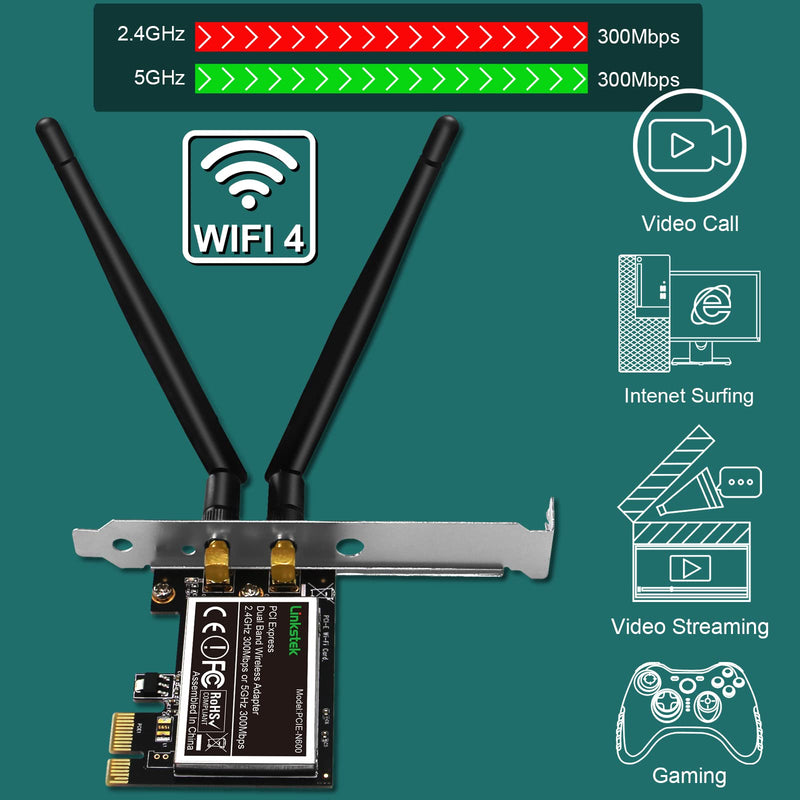 Wireless N 600Mbps (2.4GHz 300Mbps and 5GHz 300Mbps) PCIE WiFi Adapter, PCIE WiFi Card, QUALCOMM Atheros AR946X Wireless Network Adapter for Windows 10 8.1 8 7 XP Desktop PCs (PCIE-N600) PCIE-N600