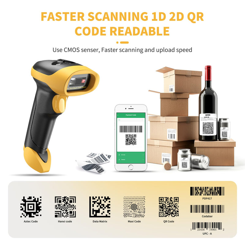 NetumScan Bluetooth QR Barcode Scanner, 3 in 1 Automatic Wireless 1D 2D Barcode Reader USB Image Code Scanner for Store, Warehouse POS, Computer, Tablet, iPad, iPhone, Android 1D & 2D Scanner Yellow